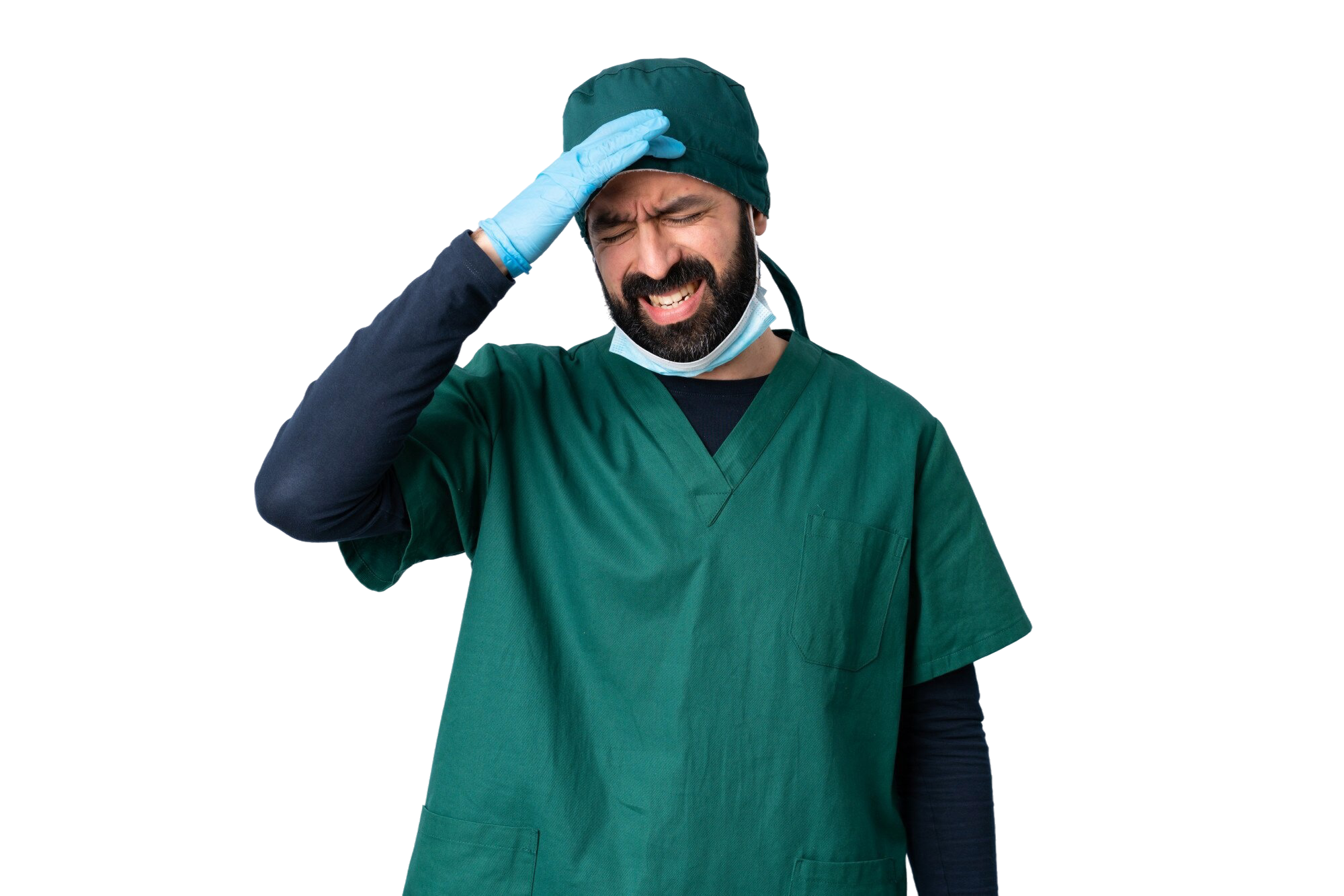 surgeon-man-green-uniform-wall-with-headache surgeon-man-green-uniform-wall-with-headache